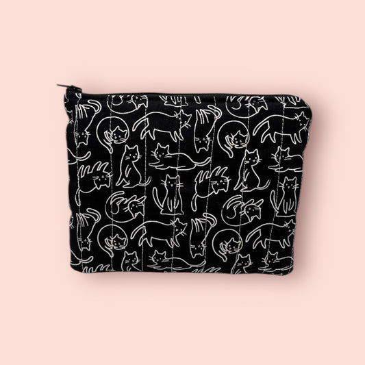 Zipper Pouch - Black with White Cats