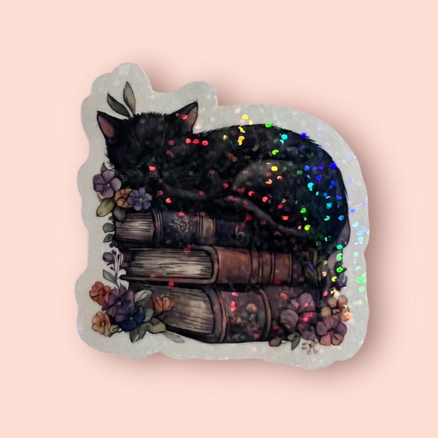Books & Black Cat Holographic Sticker